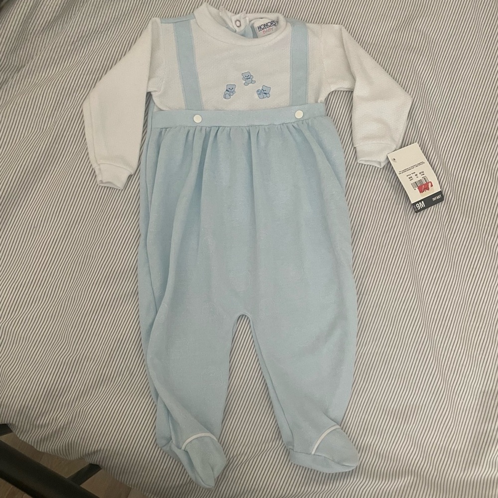 90’s Deadstock 9m Teddy Bear One Piece Button Up Set Baby Blue